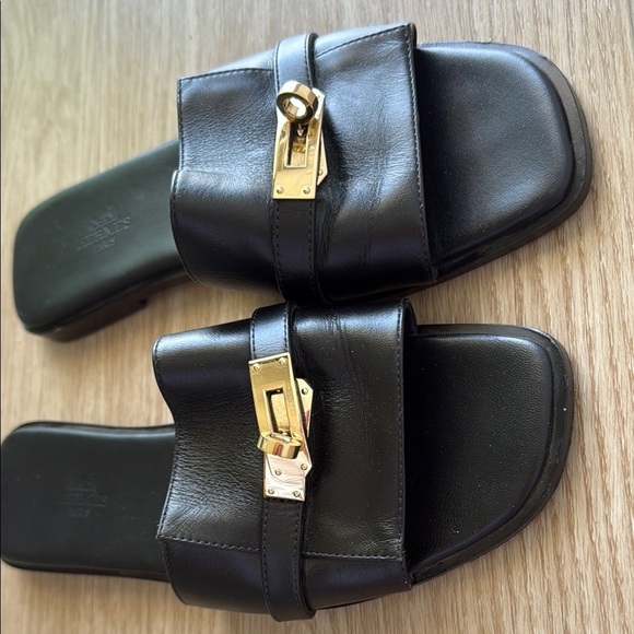 Hermes Giulia Black Slide Sandals with Gold Clasp - Picture 12 of 13